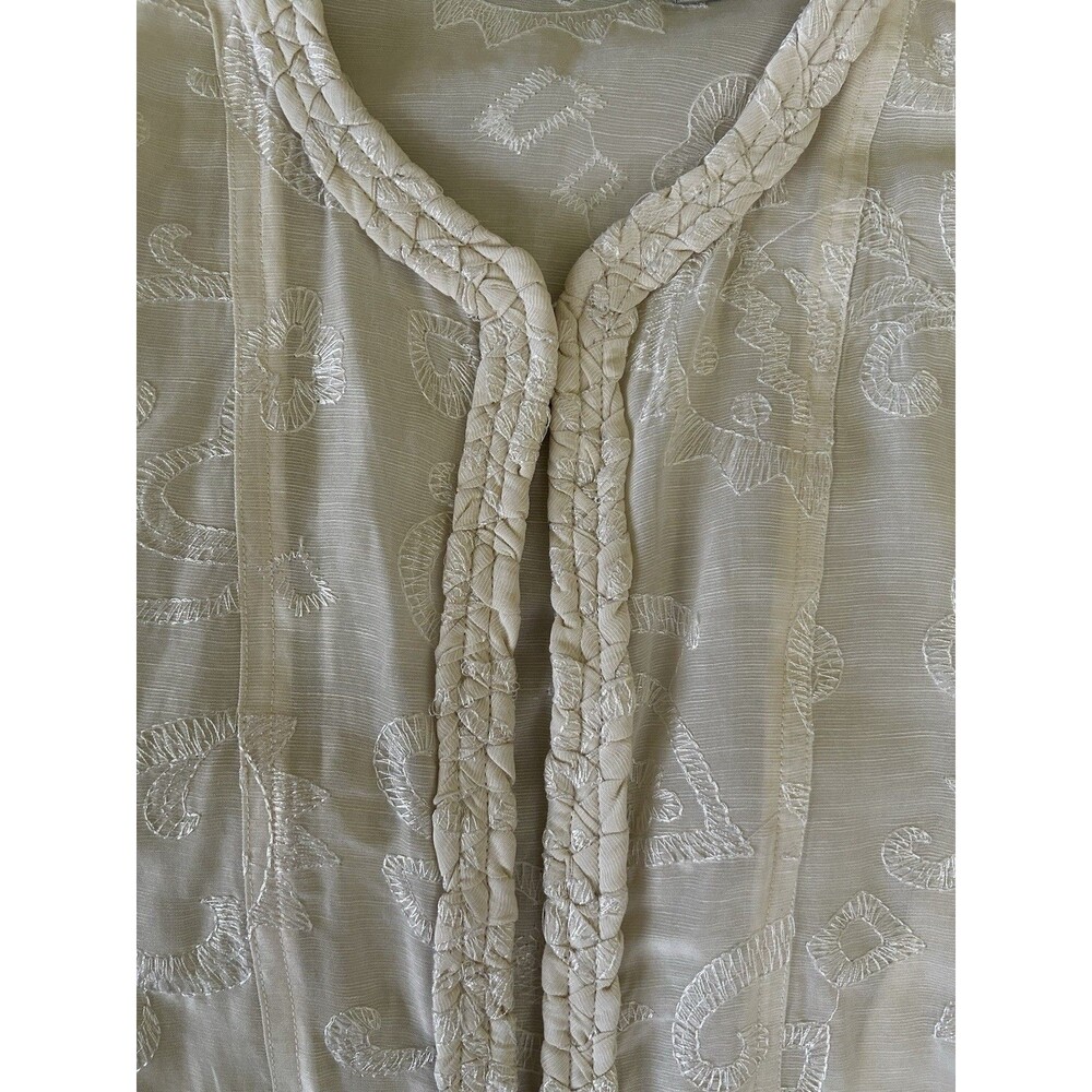 CHICOS Ivory Silk Linen Blend Open Front Jacket Embroidered Braided Lapel - Picture 7 of 13